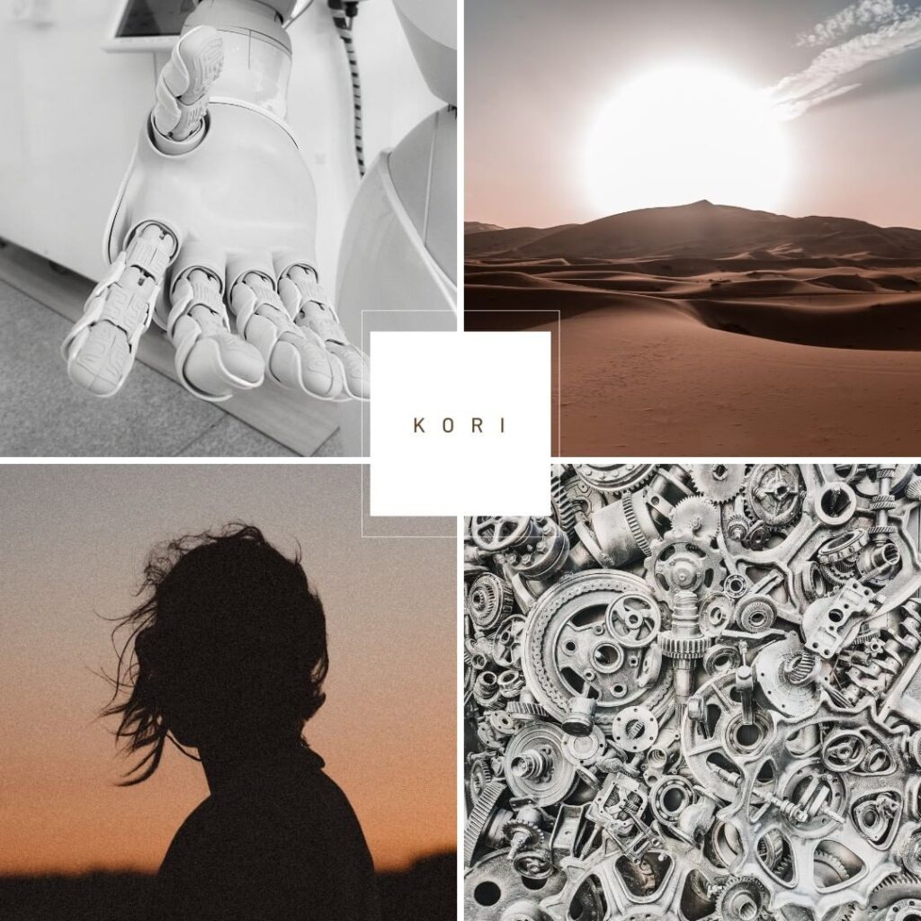 Four squares surrouding text that reads, KORI. Images are a robotic hand, sand dunes, a girl's silhouette against a sunset, and a collection of nuts, bolts, and gears.