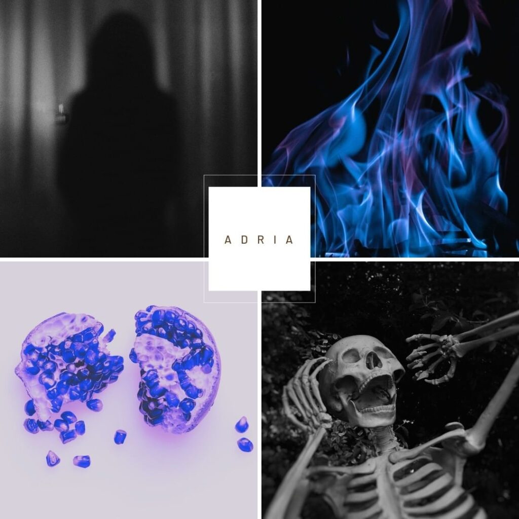 Text in the middle of four squares reads, ADRIA. Images are a woman's dark silhouette, blue flamaes, a pomegranate spilling seeds shaded bright blue, and a screaming skeleton.