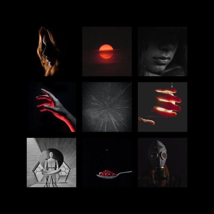 Collection of squares, from top left to bottom right: a blond girl's silhouette, a sunset, a grayscale shadowed woman's mouth, a hand reaching out, a black-and-white galactic sky, a hand reaching for light, a robot, pomegranate seeds on a spoon, and a gas mask.