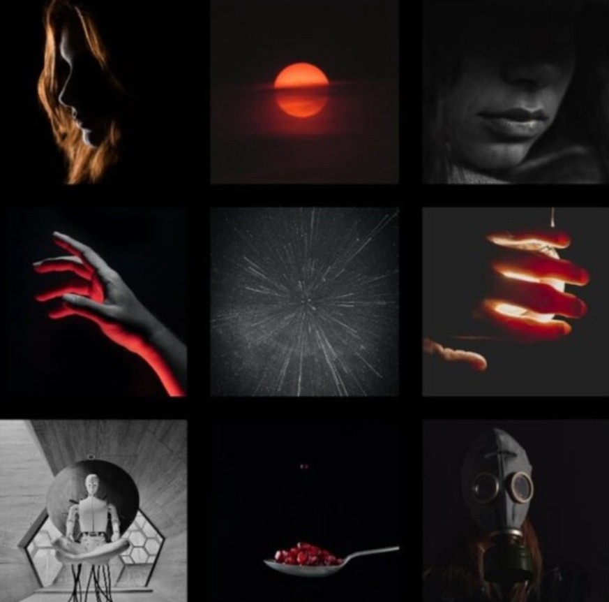 Collection of squares, from top left to bottom right: a blond girl's silhouette, a sunset, a grayscale shadowed woman's mouth, a hand reaching out, a black-and-white galactic sky, a hand reaching for light, a robot, pomegranate seeds on a spoon, and a gas mask.